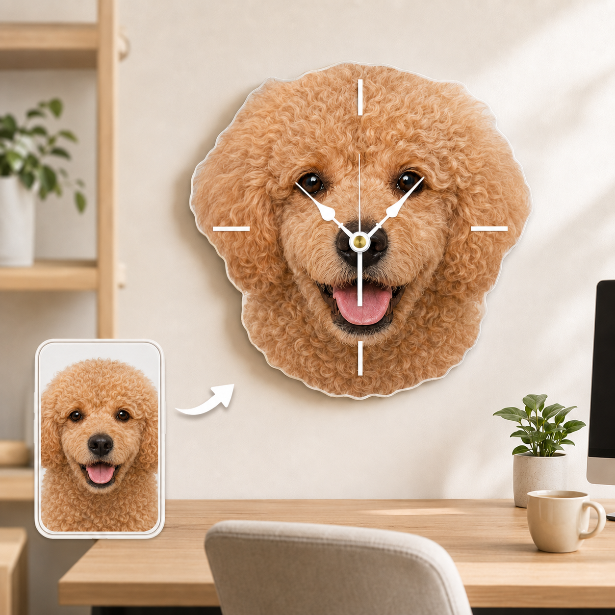 Custom Pet Photo Acrylic Wall Clock – Face-Shaped Design