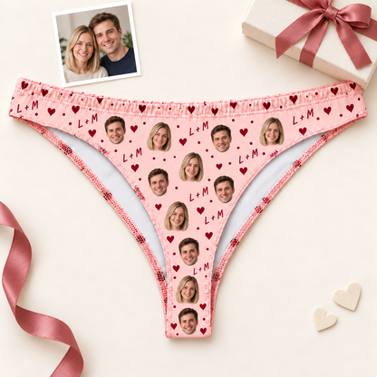 Custom Women's Thong Panties with Couple Photos, Hearts & Initials