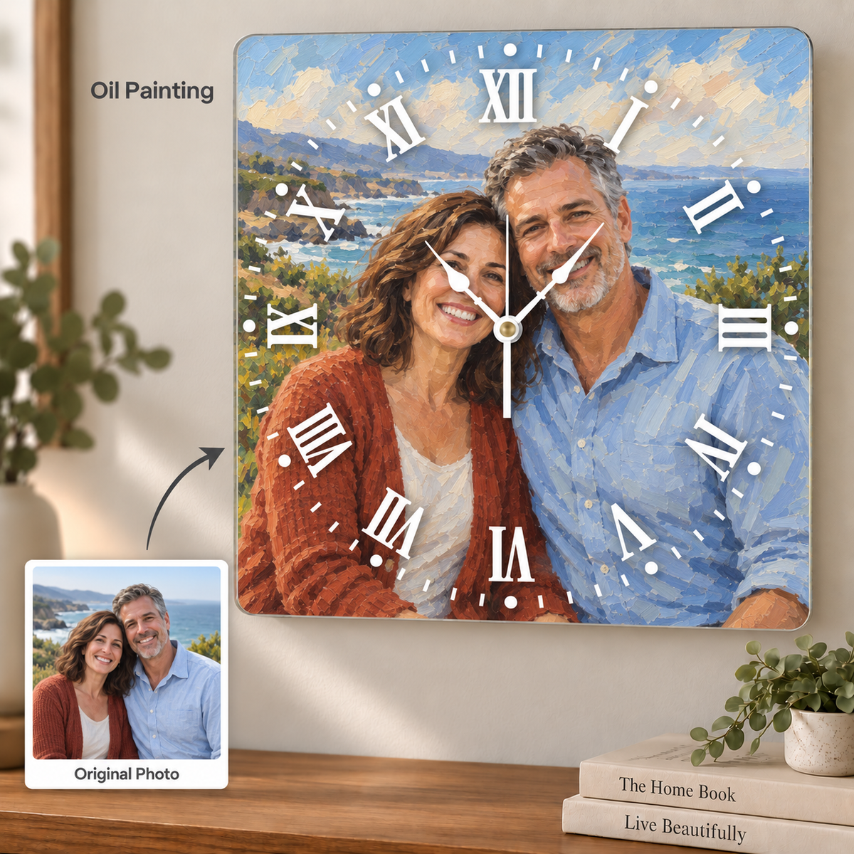 Personalized Square Photo Wall Clock – Original Photo or AI Art