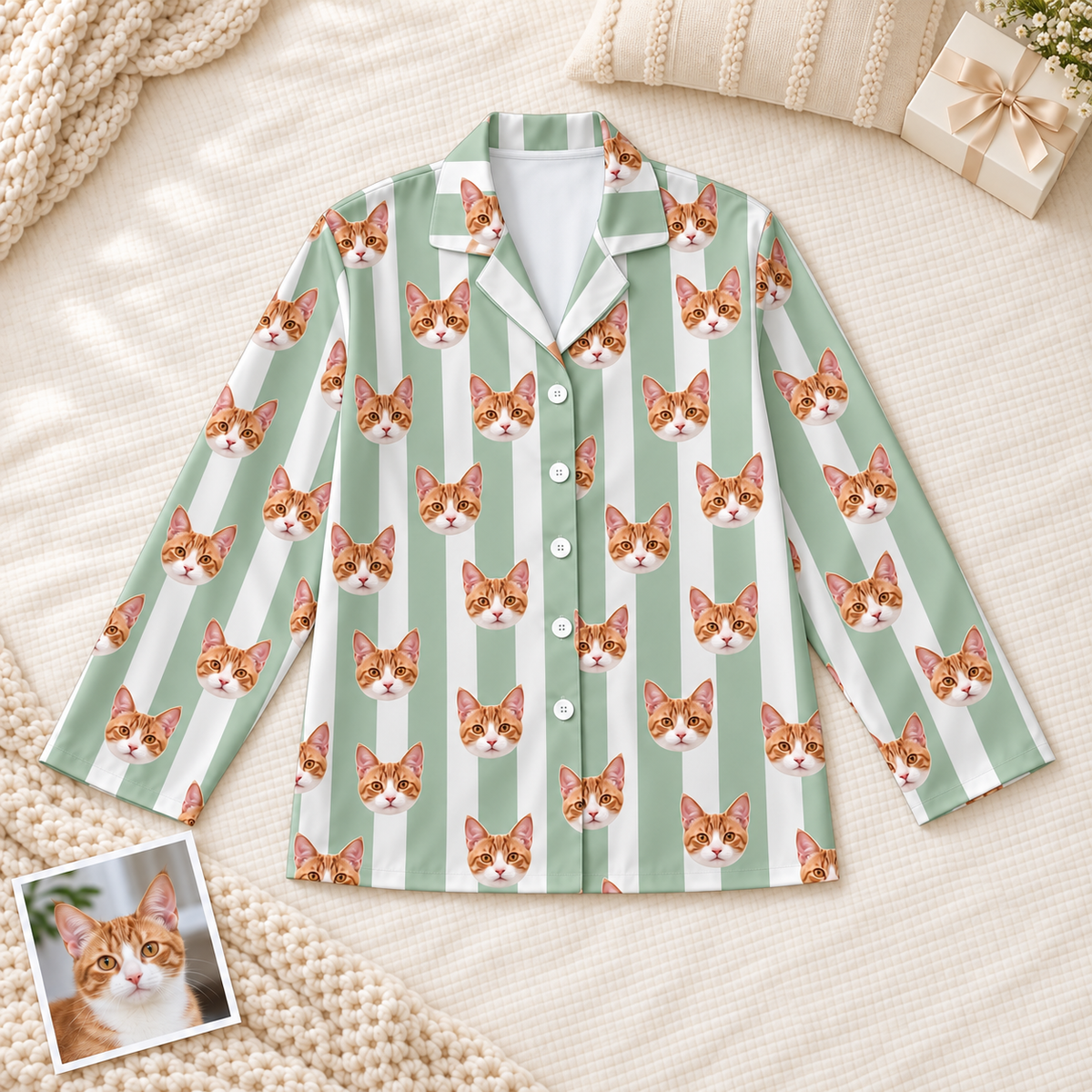 Custom Pet Photo Striped Pajamas – Personalized Dog & Cat Face Sleepwear