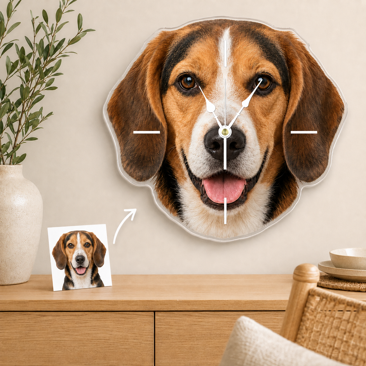 Custom Pet Photo Acrylic Wall Clock – Face-Shaped Design