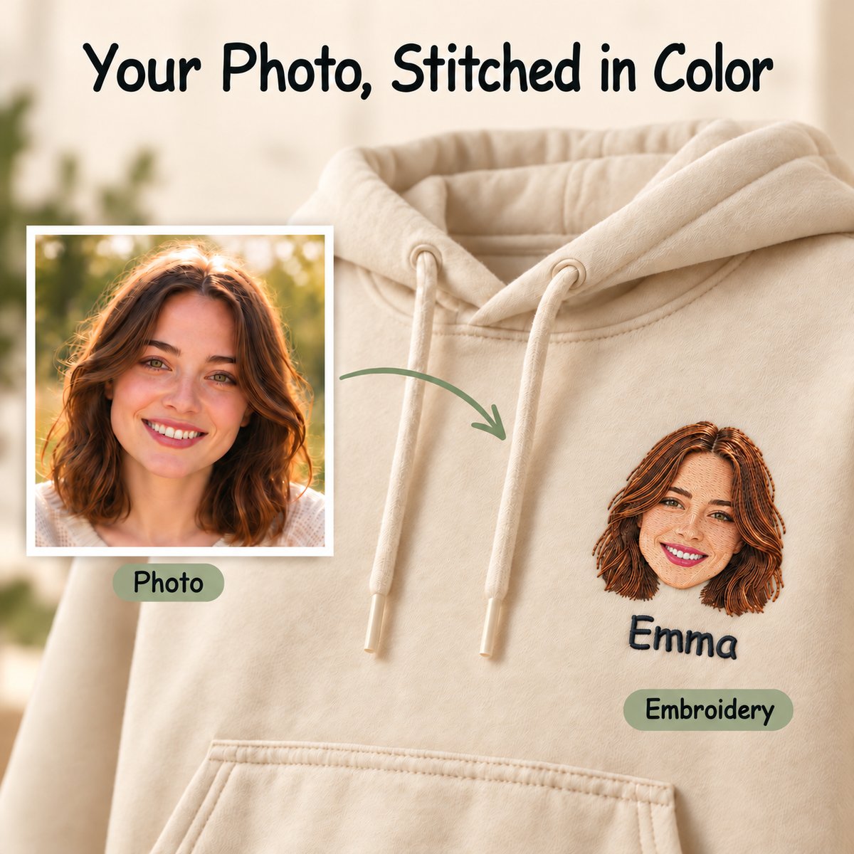 Personalized Portrait Embroidered Hoodie – Custom Face & Name on Left Chest