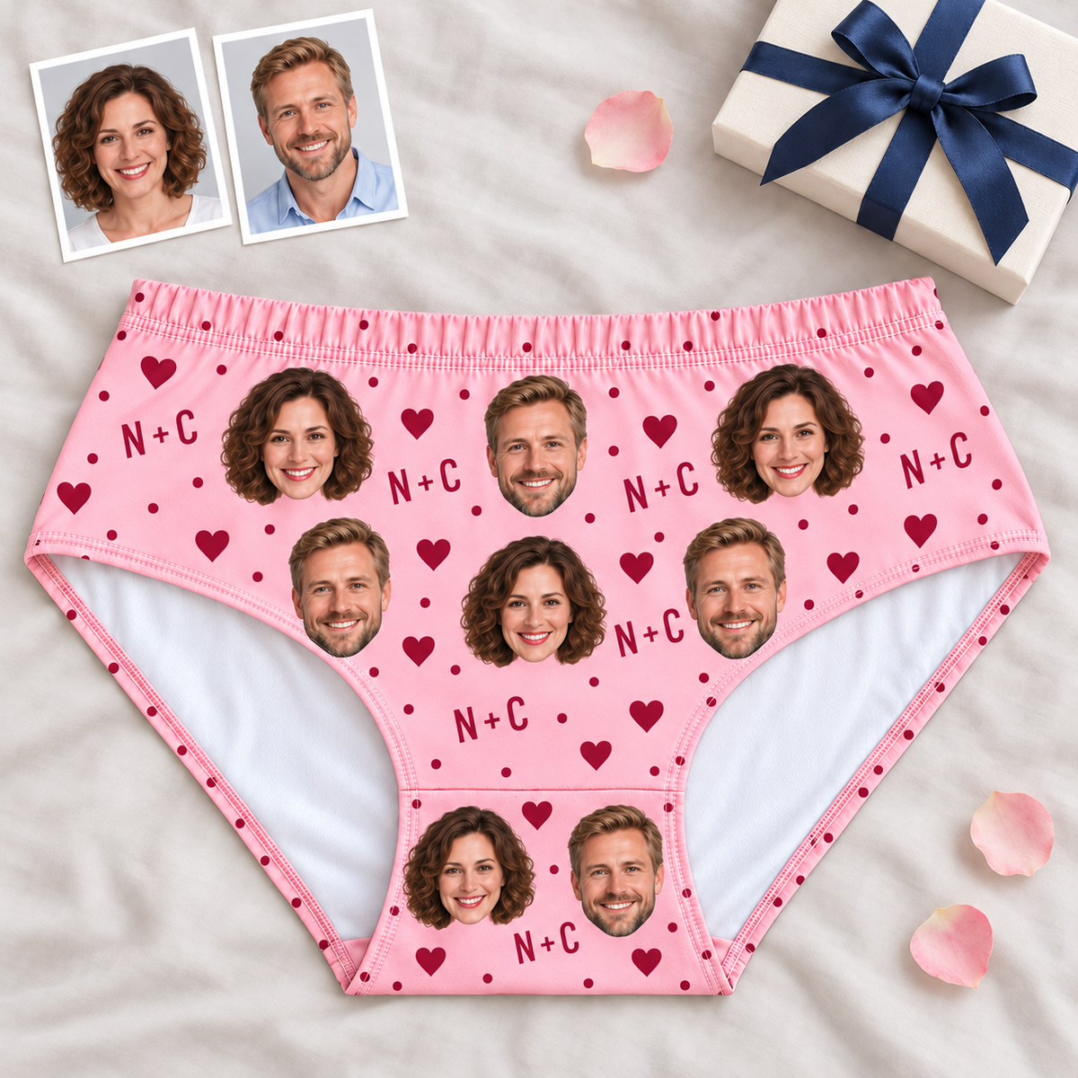 Custom Couple Photo Panties for Women with Hearts & Initials