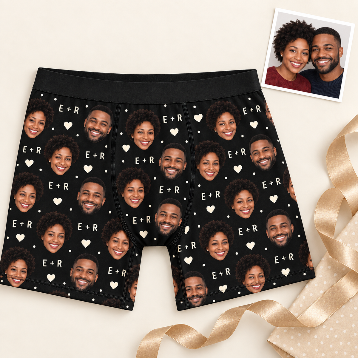 Custom Couple Photo Boxer Briefs for Men with Hearts & Initials