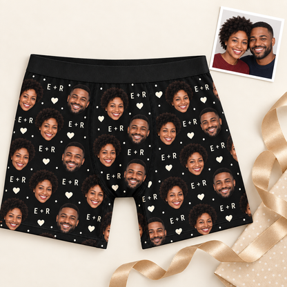 Custom Couple Photo Boxer Briefs for Men with Hearts & Initials
