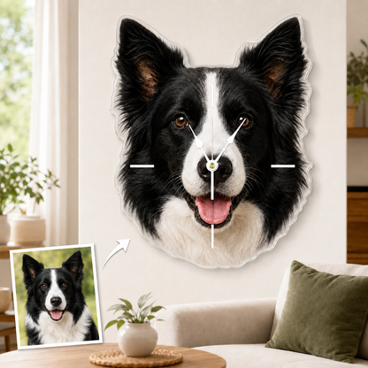 Custom Pet Photo Acrylic Wall Clock – Face-Shaped Design