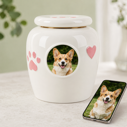 Personalized Pet Urn with Photo & Memorial Text – Custom Ceramic Dog & Cat Urn for Ashes