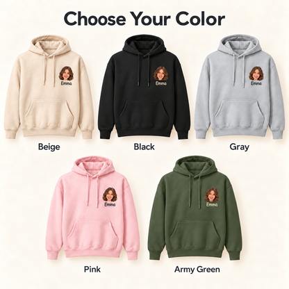 Personalized Portrait Embroidered Hoodie – Custom Face & Name on Left Chest