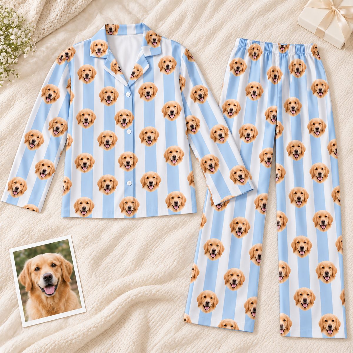 Custom Pet Photo Striped Pajamas – Personalized Dog & Cat Face Sleepwear
