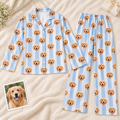 Custom Pet Photo Striped Pajamas – Personalized Dog & Cat Face Sleepwear