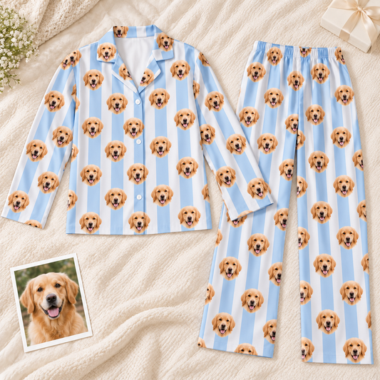 Custom Pet Photo Striped Pajamas – Personalized Dog & Cat Face Sleepwear