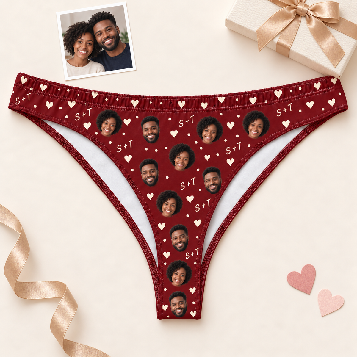 Custom Women's Thong Panties with Couple Photos, Hearts & Initials