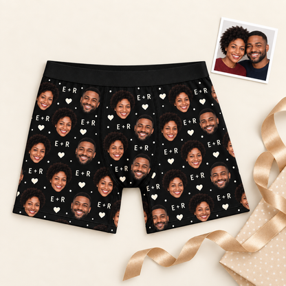 Custom Couple Photo Boxer Briefs for Men with Hearts & Initials