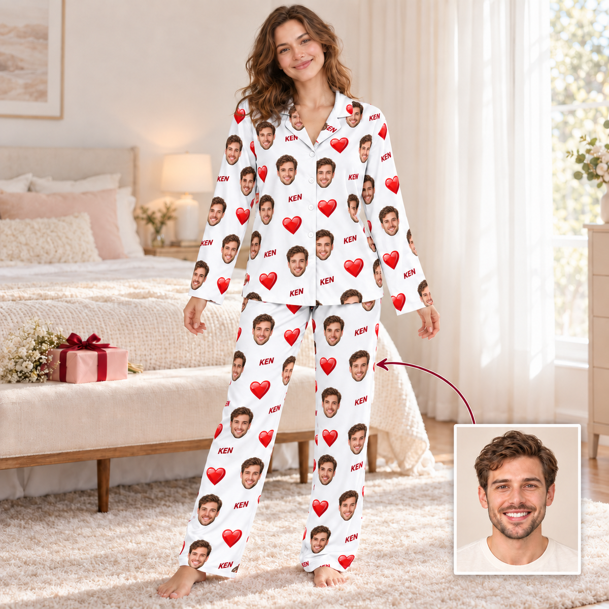 Custom Face & Name Pajama Set – Long Sleeve Heart Print
