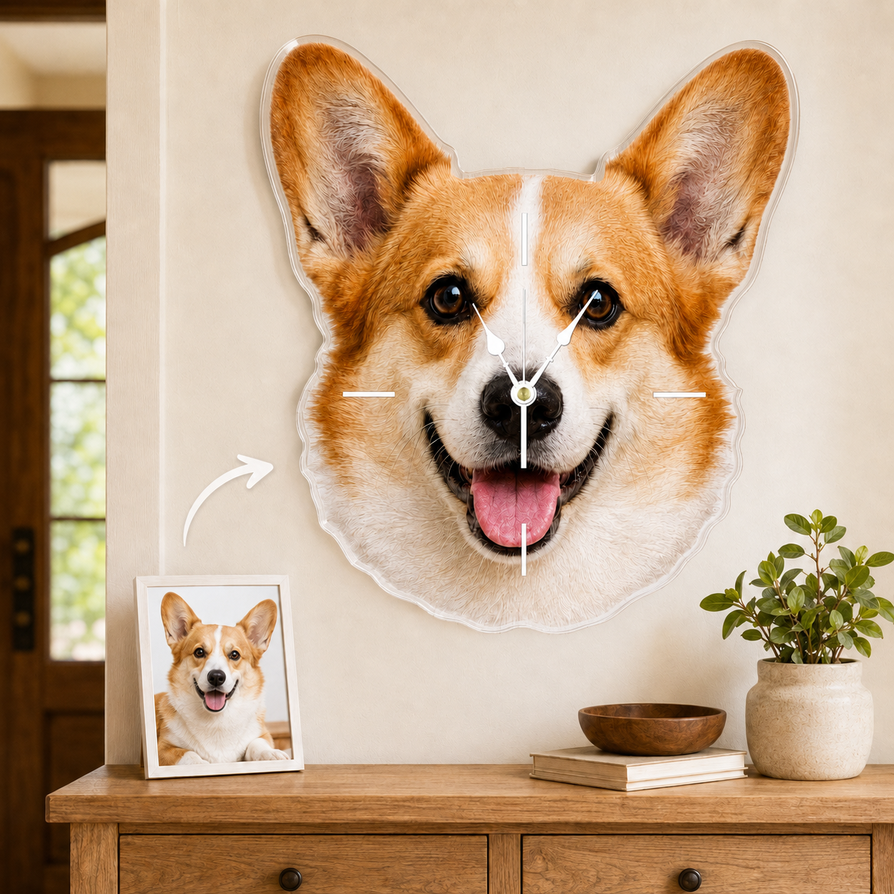Custom Pet Photo Acrylic Wall Clock – Face-Shaped Design