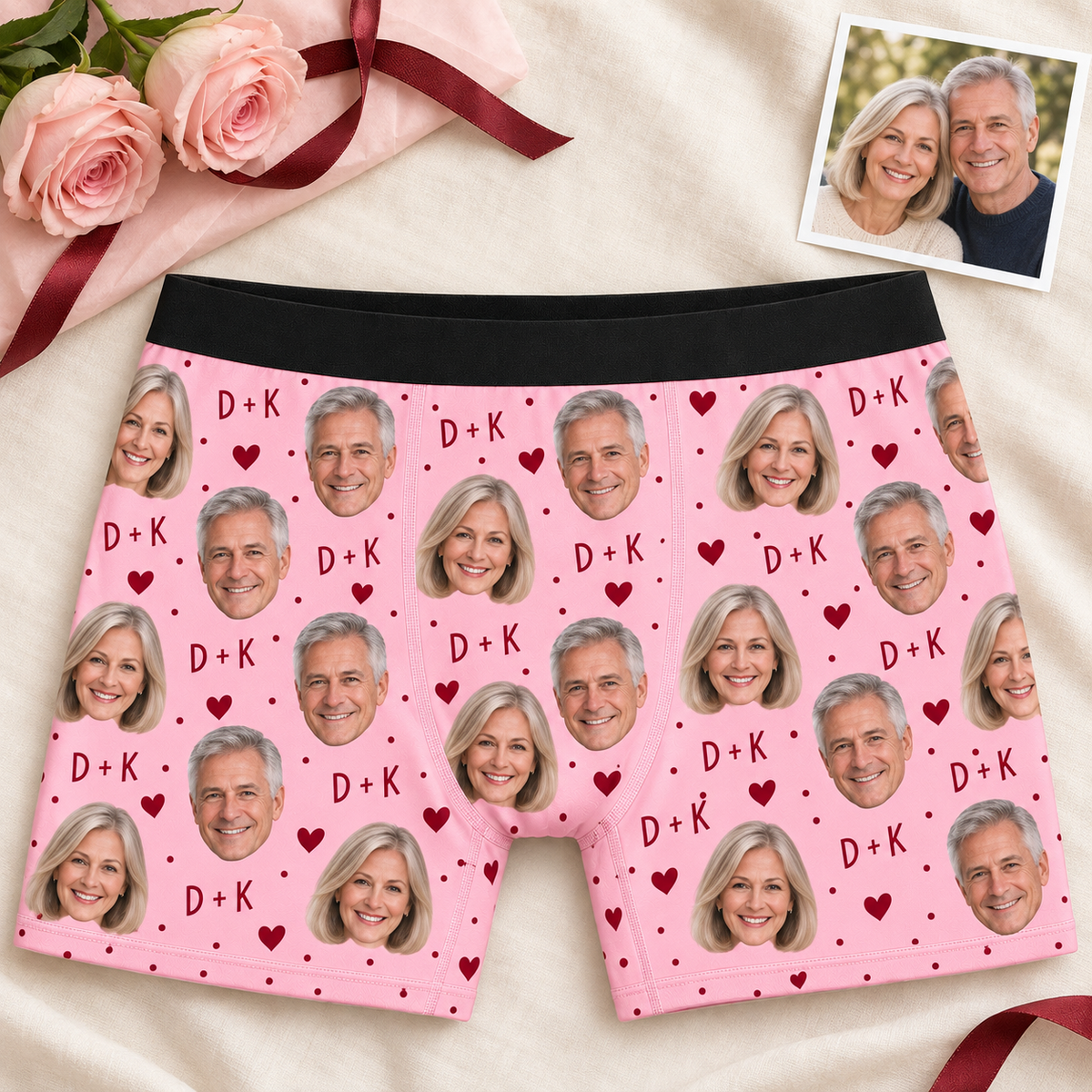 Custom Couple Photo Boxer Briefs for Men with Hearts & Initials