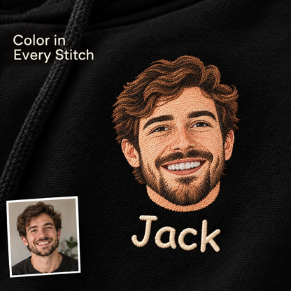 Personalized Portrait Embroidered Hoodie – Custom Face & Name on Left Chest