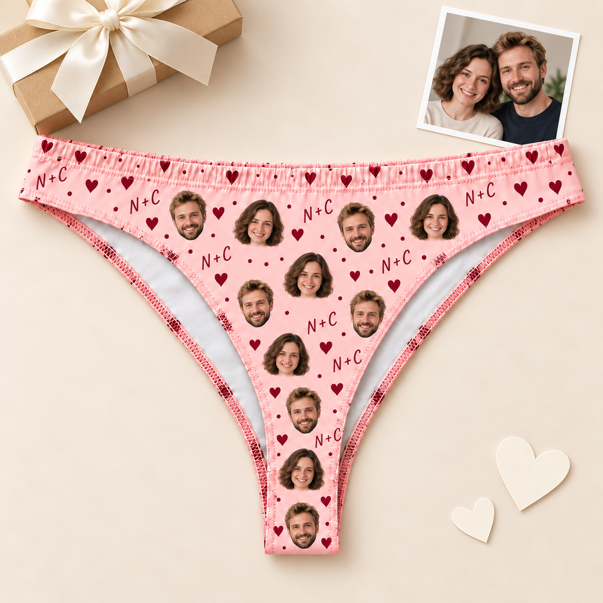Custom Women's Thong Panties with Couple Photos, Hearts & Initials
