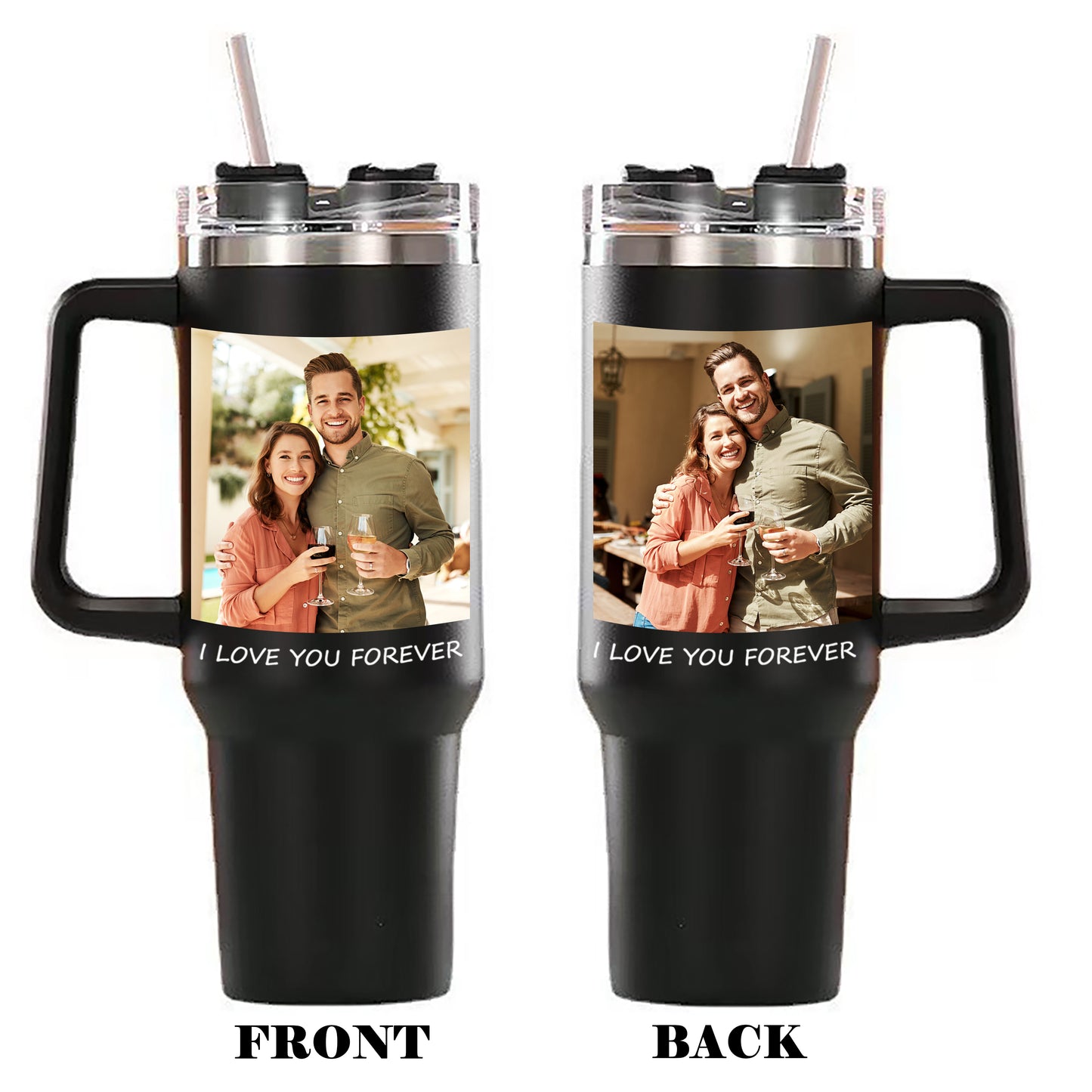 Custom Photo Stainless Steel Tumbler -  Insulated Cup with Handle & Straw