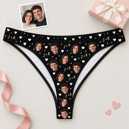 Custom Women's Thong Panties with Couple Photos, Hearts & Initials