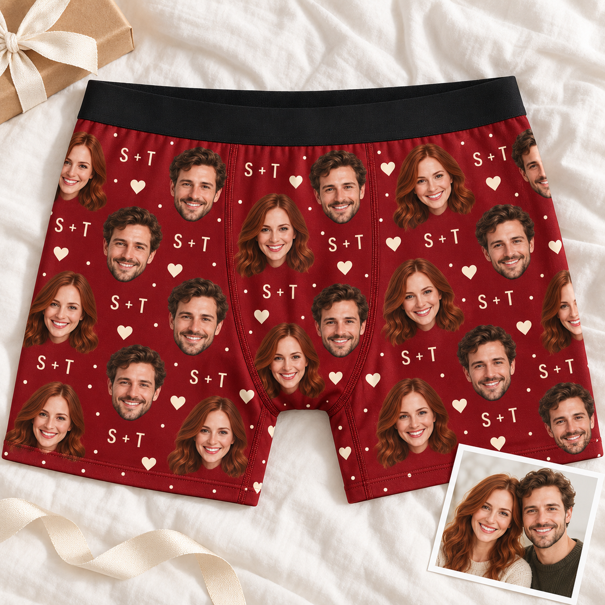 Custom Couple Photo Boxer Briefs for Men with Hearts & Initials