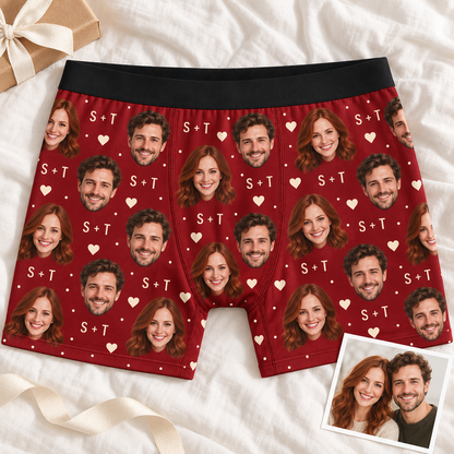 Custom Couple Photo Boxer Briefs for Men with Hearts & Initials