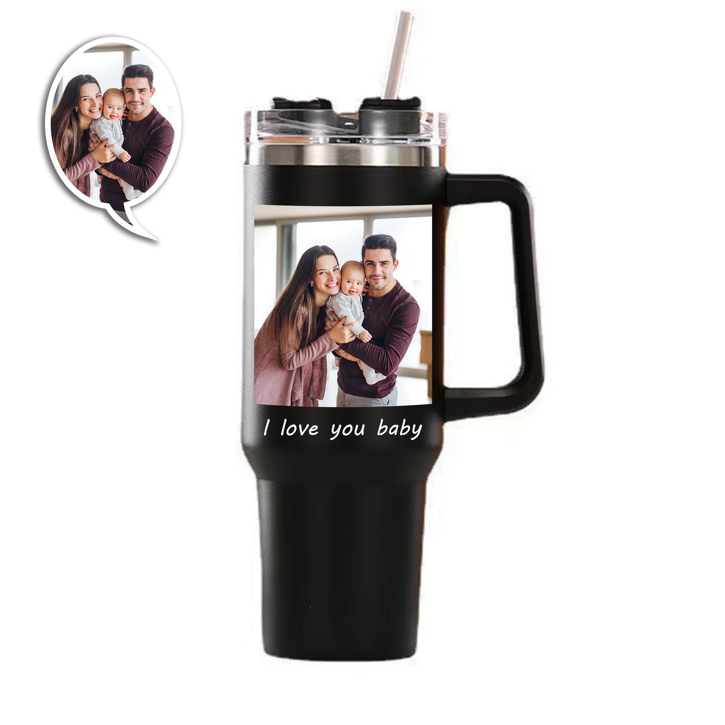 Custom Photo Stainless Steel Tumbler -  Insulated Cup with Handle & Straw