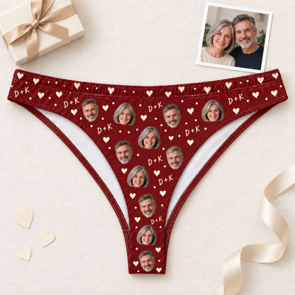 Custom Women's Thong Panties with Couple Photos, Hearts & Initials