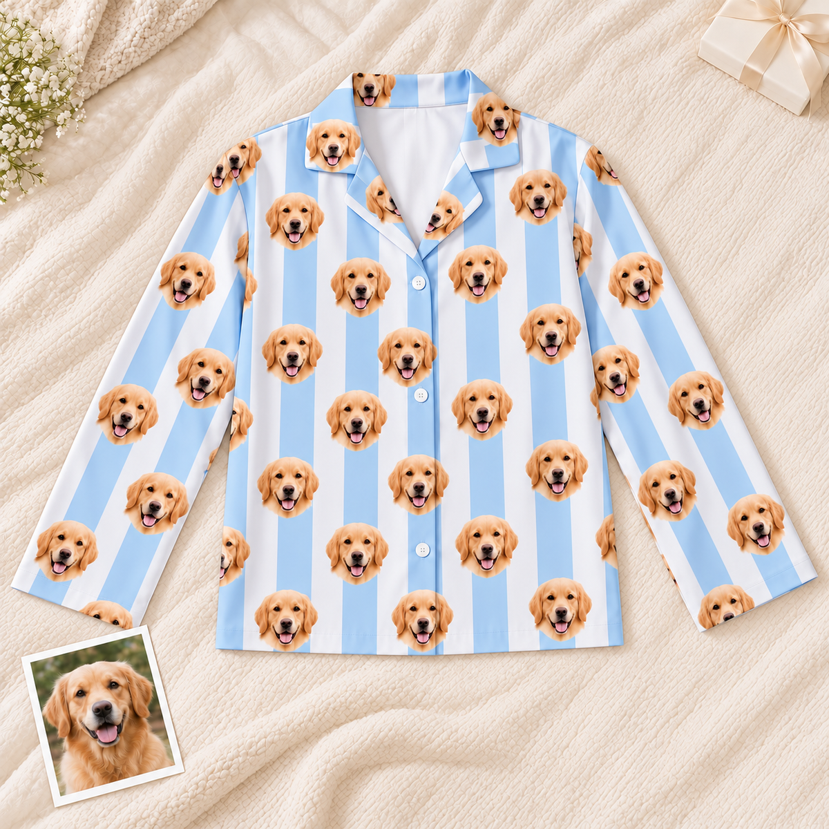 Custom Pet Photo Striped Pajamas – Personalized Dog & Cat Face Sleepwear