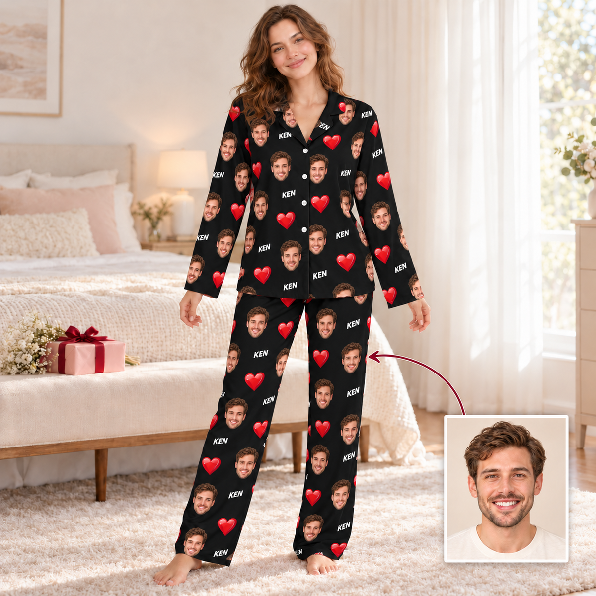 Custom Face & Name Pajama Set – Long Sleeve Heart Print