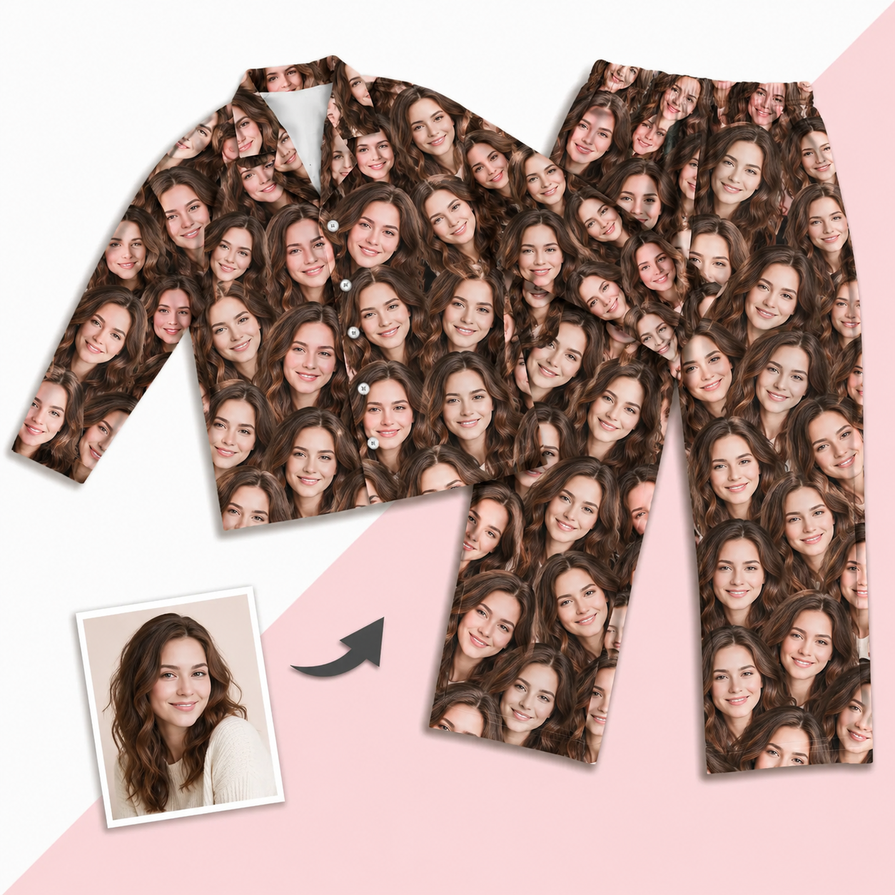 Unisex Nightwear Long Sleeve Pajamas with Custom Face Photo Print