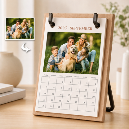 Custom Photo Desk Calendar with Wooden Stand – 12-Month Personalized Calendar