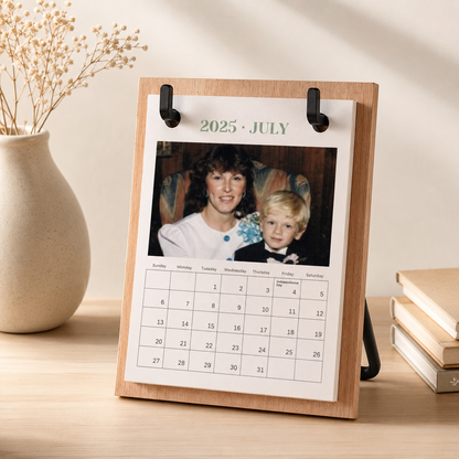 Custom Photo Desk Calendar with Wooden Stand – 12-Month Personalized Calendar