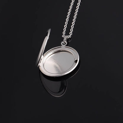 Embossed Oval Photo Locket Necklace With Engraving Platinum Plated