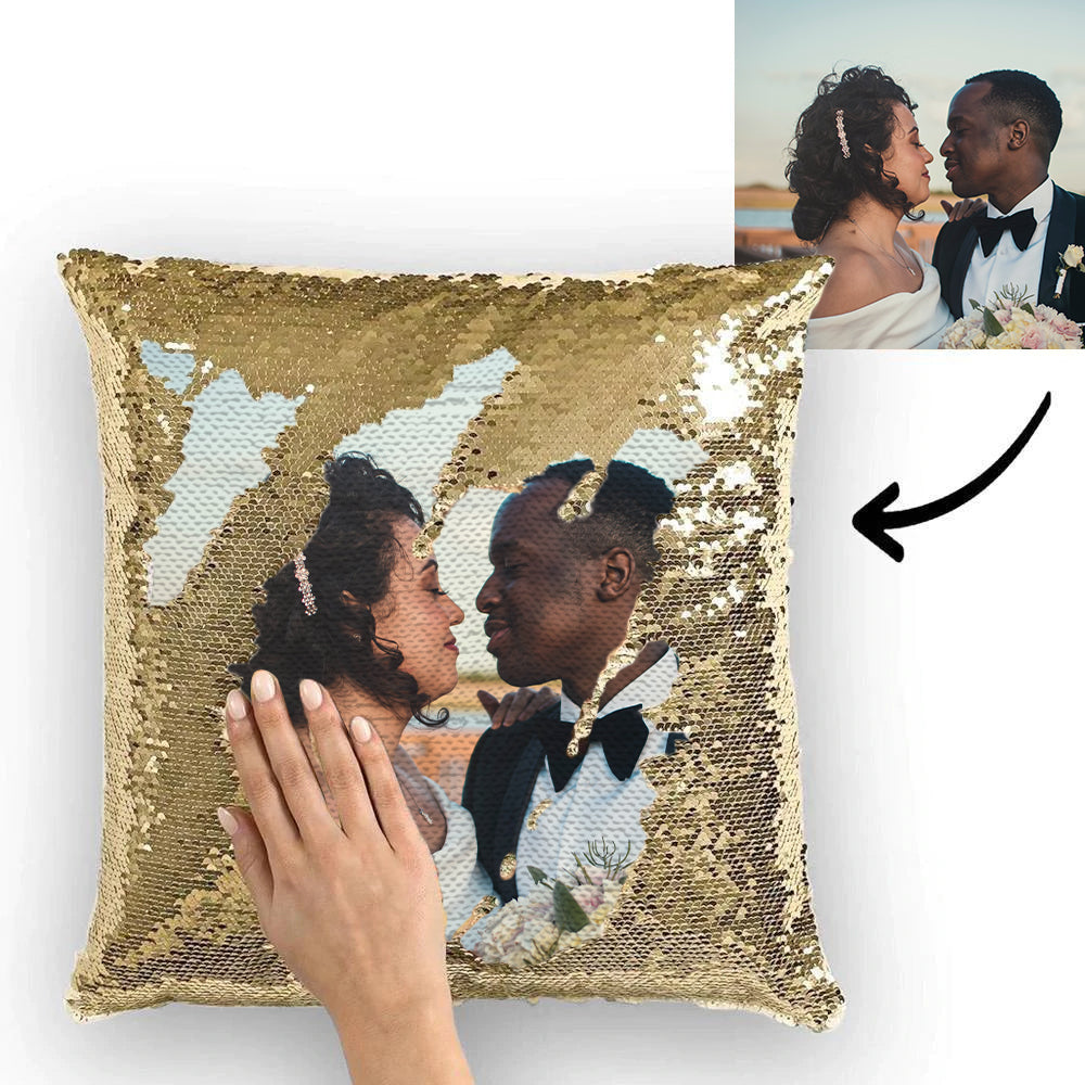 Custom Couple Photo Magic Sequin Pillow Multicolor Shiny 15.75