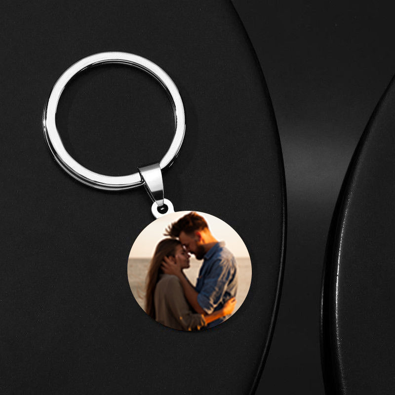 Round Tag Photo Key Chain With Engraving Stainless Steel